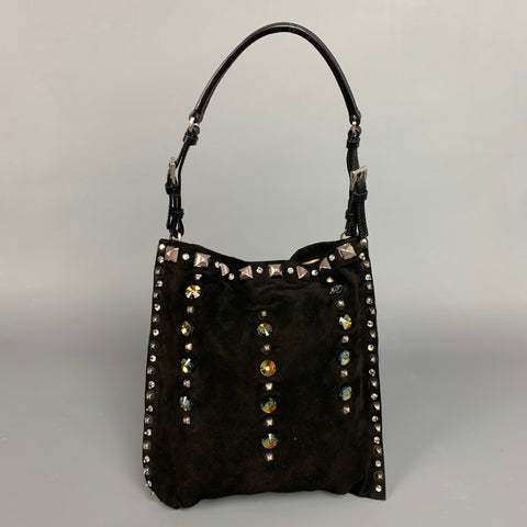 PRADA Black Suede Embellished Rhinestones Evening Handbag