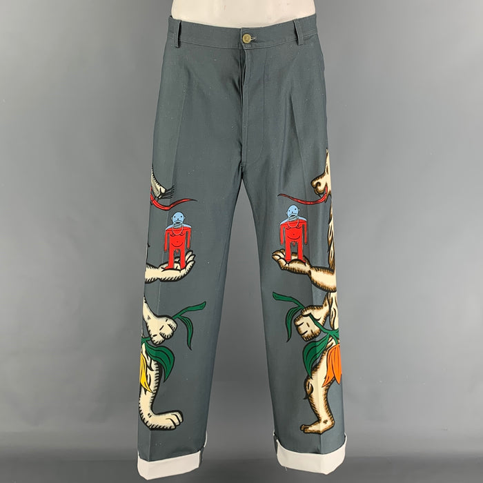 WALTER VAN BEIRENDONCK FW 17 Zwart Size 34 Grey Multi-Color Print Cotton Dress Pants