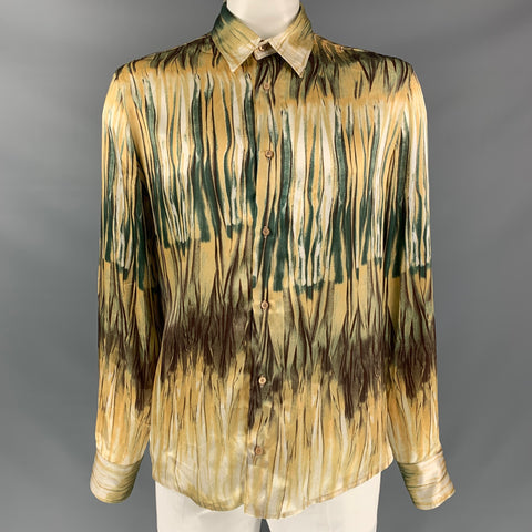 JUST CAVALLI Size XL Beige & Green Print Silk Button Up Long Sleeve Shirt