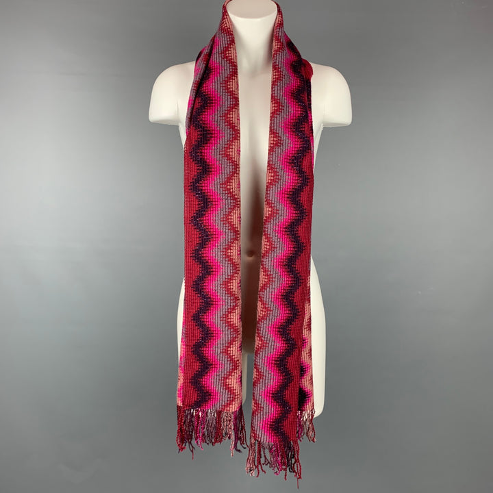 MISSONI Foulard Burgundy & Fuchsia Zig-Zag Knitted Wool Blend Scarf