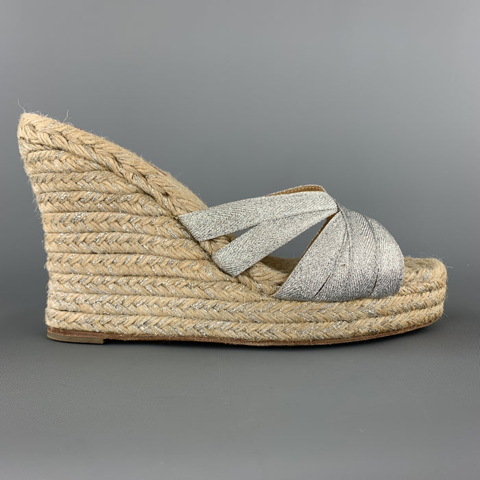 CHRISTIAN LOUBOUTIN Size 9 Metallic Silver Fabric Espadrille Wedge Mules