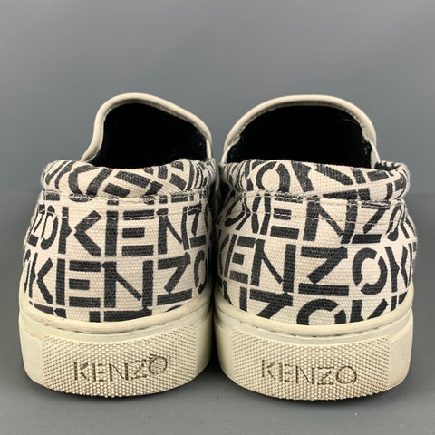 KENZO Size 10 White Black Logo Canvas Slip On Sneakers