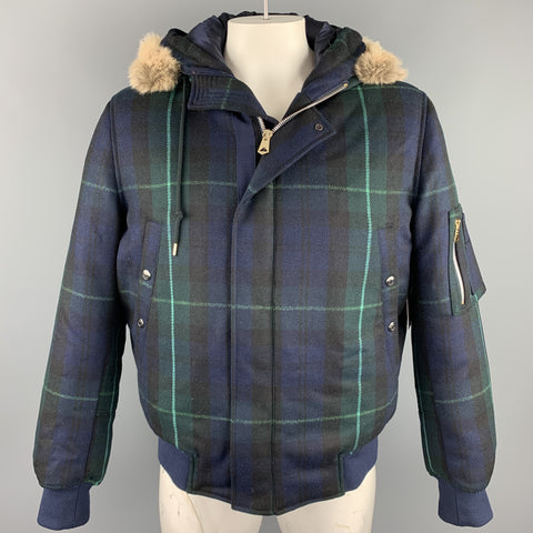 PAUL SMITH Size XL Navy & Green Plaid Wool / Cashmere Down Filled Jacket
