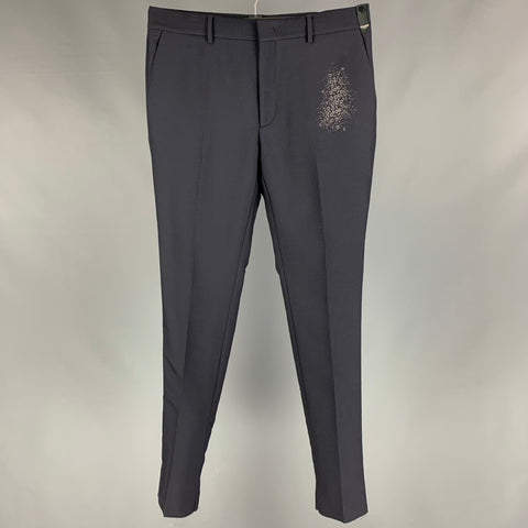 FENDI Size 34 Navy & Grey Embroidered Wool / Cotton Flat Front Dress Pants