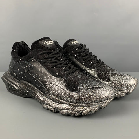 VALENTINO Size 10.5 Black Silver Paint Splatter Leather Bounce Sneakers