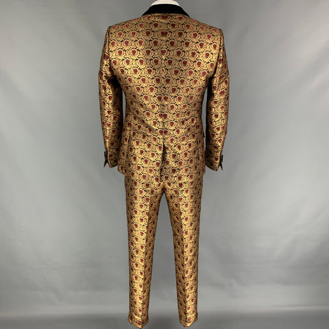 DOLCE & GABBANA Size 42 Gold Black Burgundy Jacquard Polyester / Cotton Notch Lapel Suit
