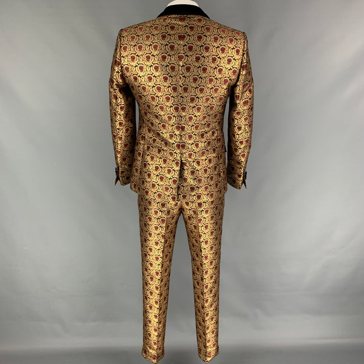 DOLCE & GABBANA Size 42 Gold Black Burgundy Jacquard Polyester / Cotton Notch Lapel Suit