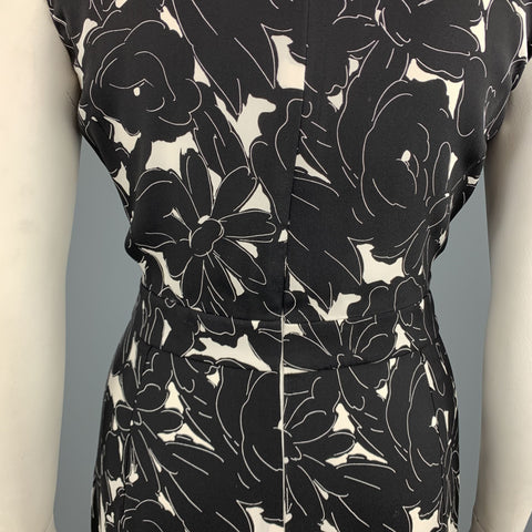 OSCAR DE LA RENTA 14 Black & White Floral Stretch Silk Sleeveless Shift Dress