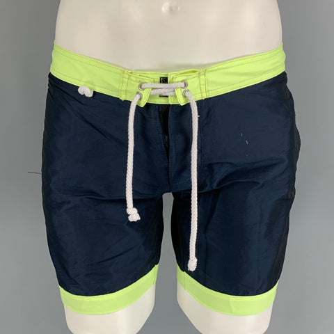 CUISSE DE GRENOUILLE Size M Navy & Neon Two Toned Polyester Swim Trunks