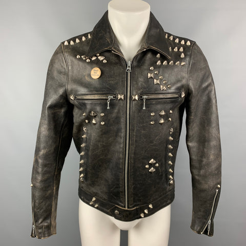 R13 Size M Black Distressed Studded Leather Zip Up Shut The Fuck Up Jacket