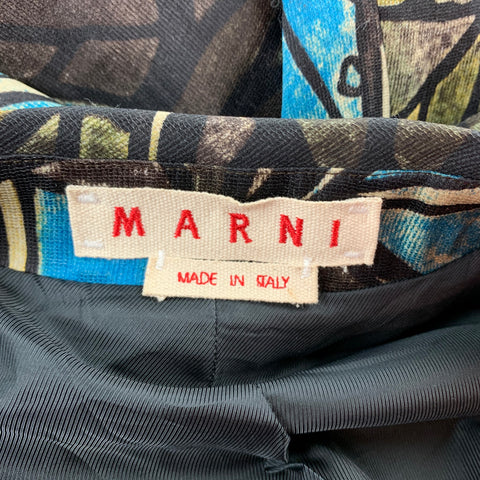 MARNI Talla 6 Abrigo abotonado de seda / lana con estampado marrón y azul