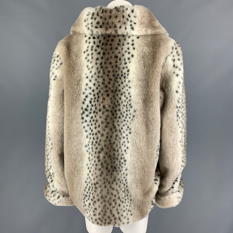 DENNIS BASSO Size L Cream Brown Polyester Animal Print Faux Fur Zip Up Coat