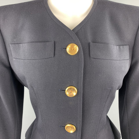 YVES SAINT LAURENT Rivve Gauche Size 6 Navy Wool Collarless Blazer