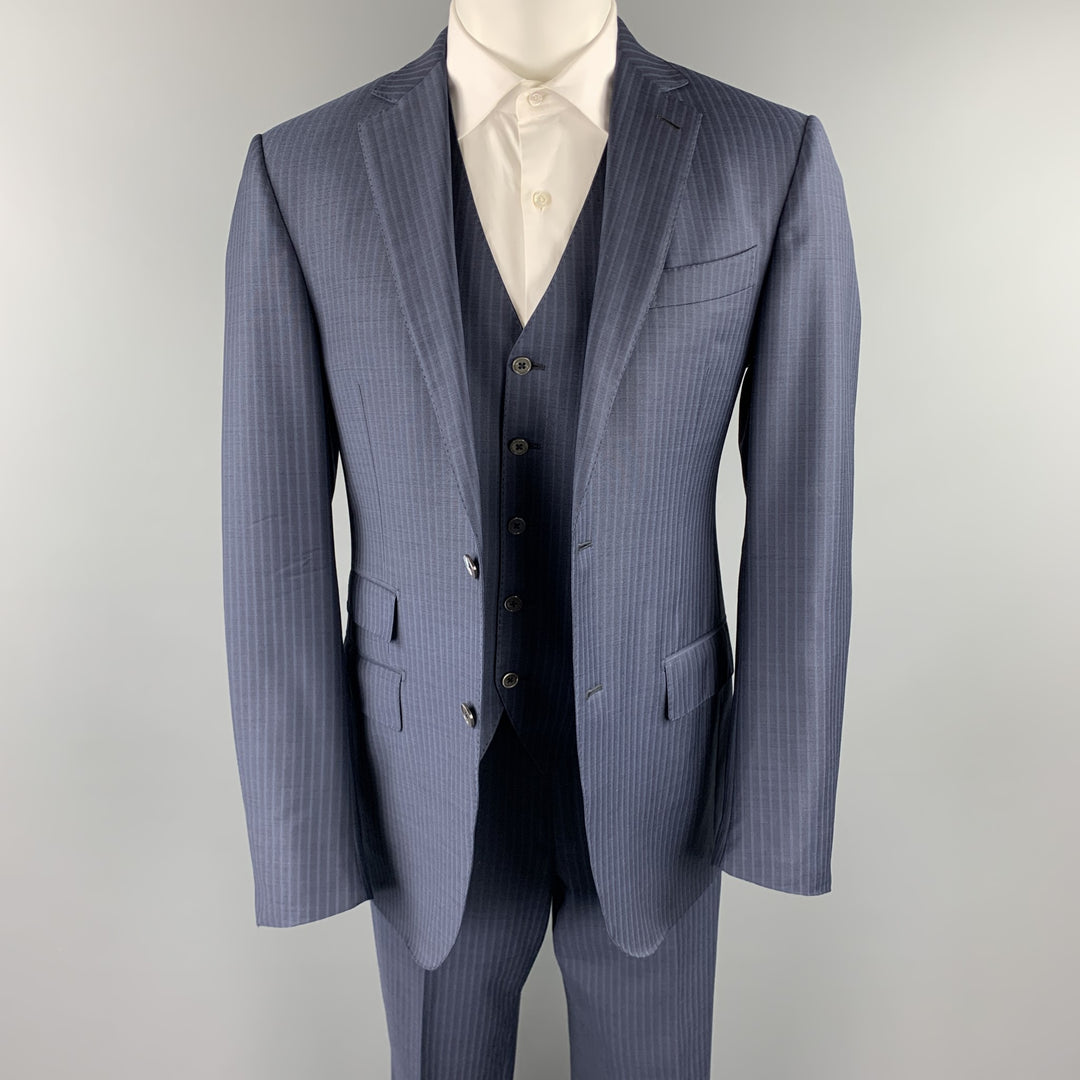 ERMENEGILDO ZEGNA 40 Regular Navy Stripe Wool Notch Lapel 3 Piece Suit