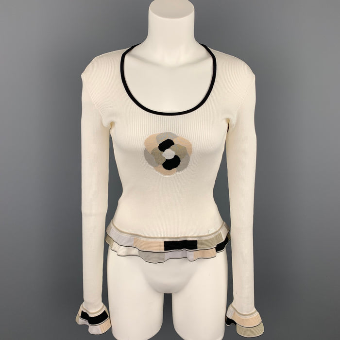 CHANEL Size 6 White & Black Ribbed Cotton Peplum Pullover