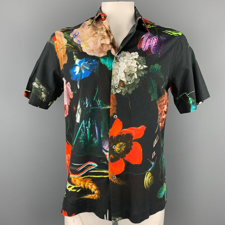 PAUL SMITH Size L Black & Multi-Color Floral Cotton Button Up Short Sleeve Shirt