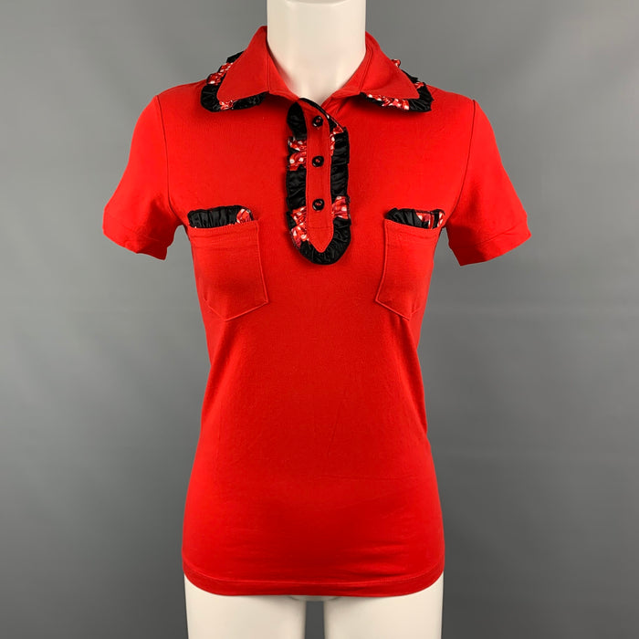 LOVE MOSCHINO Size 4 Red Black Cotton / Elastane Ruffled Pockets Buttoned Blouse