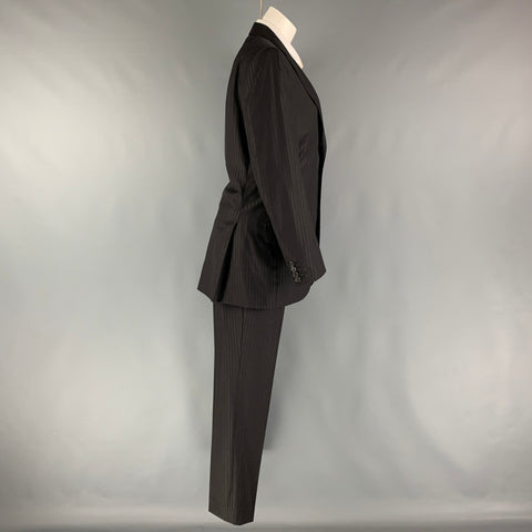LANVIN Size 36 Black Stripe Wool Peak Lapel 30 28 Suit