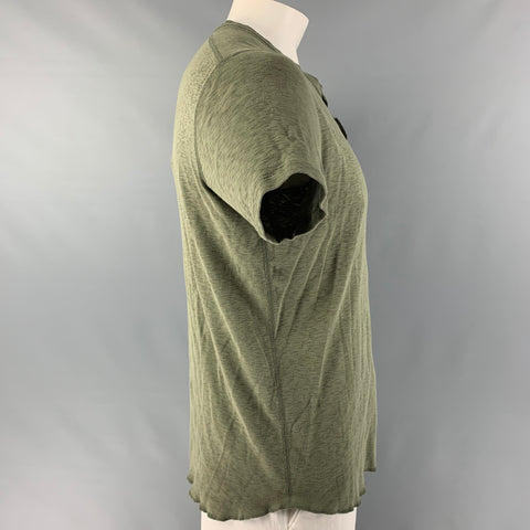 WINGS + HORNS Size L Olive Textured Cotton Henley T-shirt