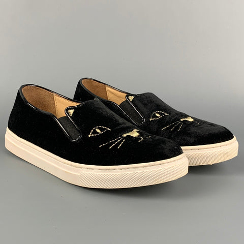 CHARLOTTE OLYMPIA Size 7 Black Velvet Leather Trim Slip On Sneakers