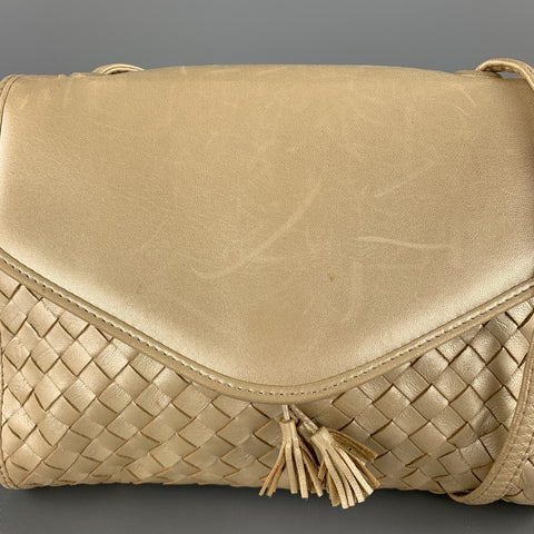 BOTTEGA VENETA Woven Champagne Metallic Intrecciato Leather Shoulder bag
