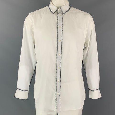 D&G by DOLCE & GABBANA Size XL White & Grey Frayed Cotton / Silk Long Sleeve Shirt