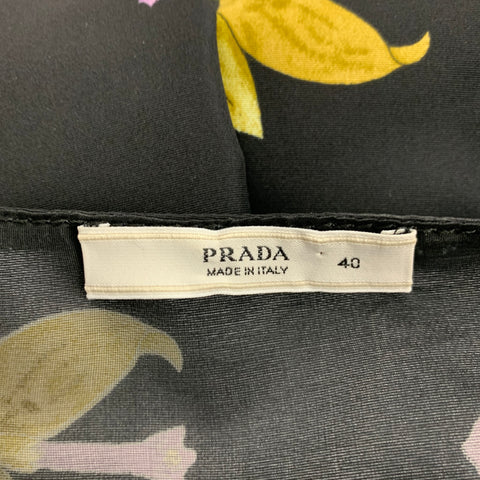 PRADA Size 4 Black Yellow Purple Floral Silk Pleated Cocktail Dress