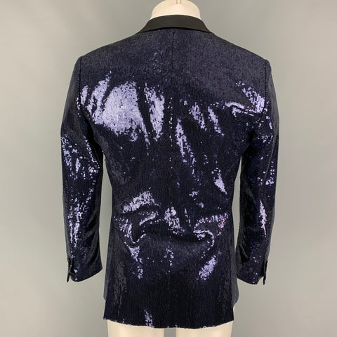 DSQUARED2 Size 40 Navy Black Sequined Polyester Peak Lapel Sport Coat