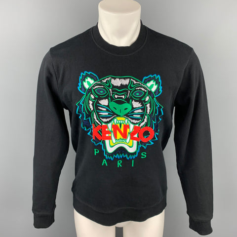KENZO Size M Black & Green Tiger Embroidered Cotton Crew-Neck Pullover Sweater