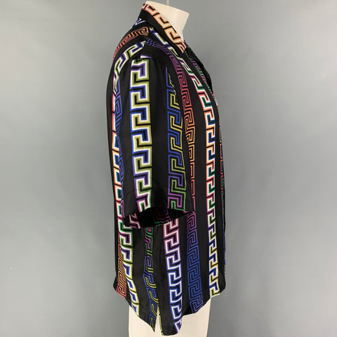 VERSACE Size L Black Print Silk Camp Short Sleeve Shirt