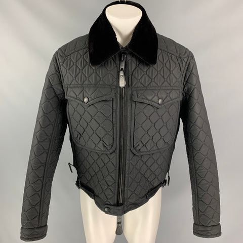 BURBERRY PRORSUM Size 40 Black Quilted Coated Cotton Mink Collar Zip Jacket