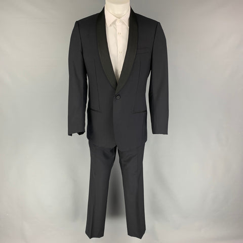 LANVIN Size 40 Regular Navy Black Wool Mohair Shawl Collar Suit