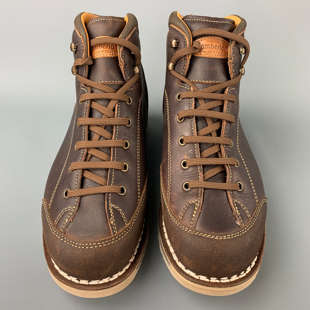 ZAMBERLAN Size 9 Brown Contrast Stitch Leather Lace Up Boots