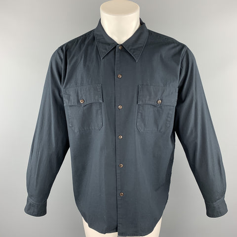 CHIMALA Size M Navy Solid Cotton Button Up Long Sleeve Shirt