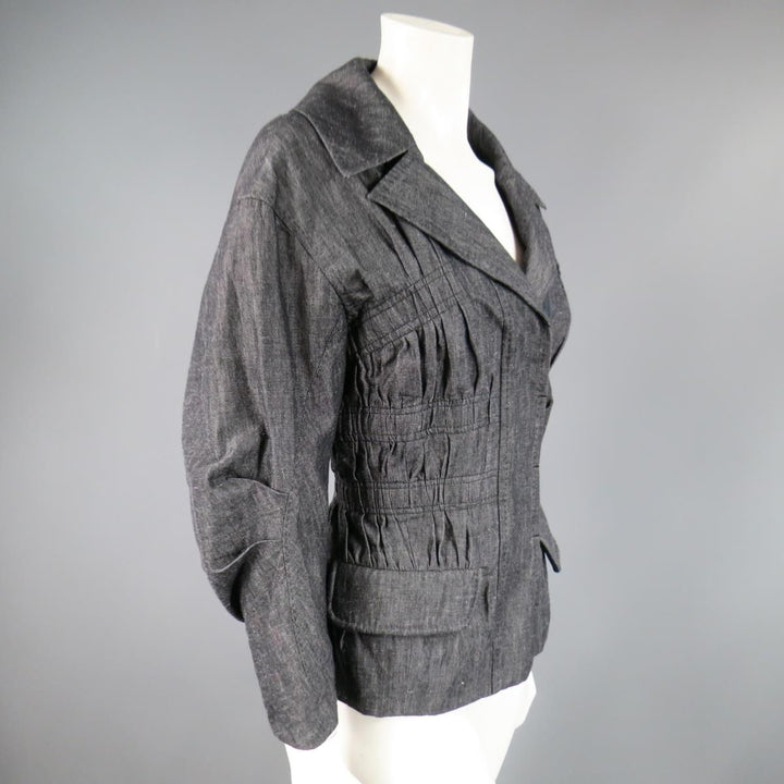 LOUIS VUITTON Size 6 Navy Cotton / Ramie Ruched Sleeve Jacket