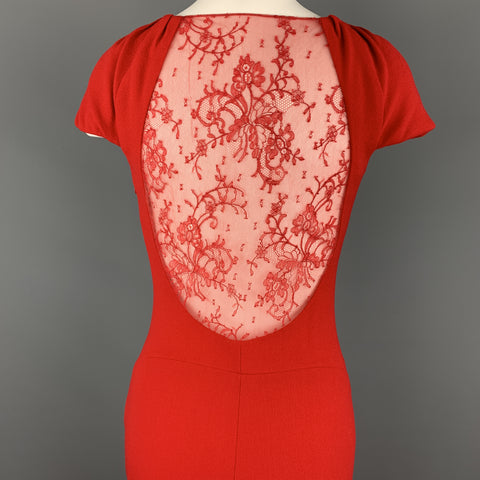 REEM ACRA Size 4 Red Silk Crepe Ruched Collar Lace Back Sheath Dress
