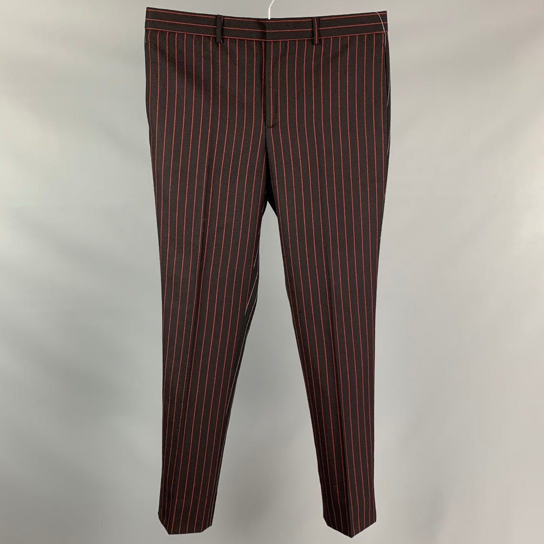 GIVENCHY Size 32 Black & Red Vertical Stripe Wool Zip Fly Dress Pants
