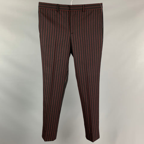GIVENCHY Talla 32 Pantalón de vestir con bragueta y cremallera de lana con rayas verticales negras y rojas