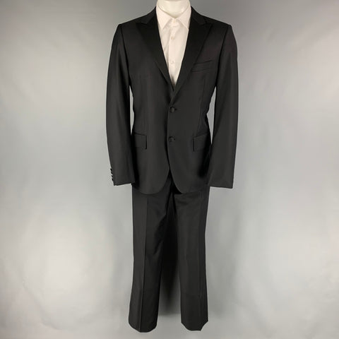 CALVIN KLEIN COLLECTION Size 38 Black Solid Wool Peak Lapel 32 32 Tuxedo