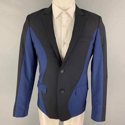 KENZO Size 38 Black Blue Color Block Wool Mohair Notch Lapel Sport Coat