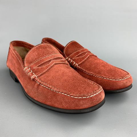 BATTISTONI Size 7.5 Brick Contrast Stitch Suede Slip On Penny Loafers