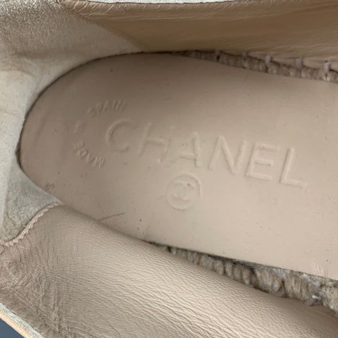 CHANEL Size 11 Beige Black Leather Lamb Skin Espadrille Flats