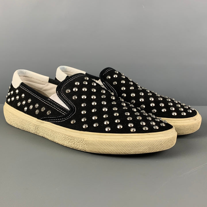 SAINT LAURENT Size 11 Black White Studded Canvas Slip On Sneakers