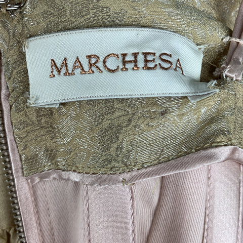 MARCHESA Size 6 Beige Metallic Floral Silk Beaded Strapless Cocktail Dress
