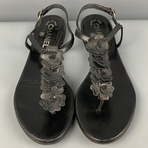 CHANEL Size 7.5 Black Leather Flower Applique Flat Sandals