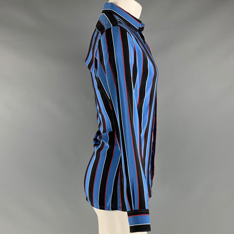 BOCCI Size M Blue Black Stripe Silk Hidden Placket Long Sleeve Shirt