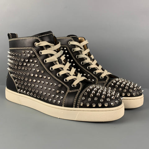 CHRISTIAN LOUBOUTIN Size 10 Black White Leather Louis All Over Spikes High Top Sneakers