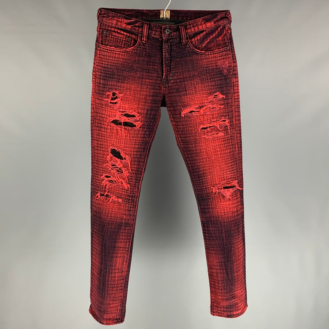 PRPS Size 32 Red & Black Distressed Denim Zip Fly Skinny Jeans