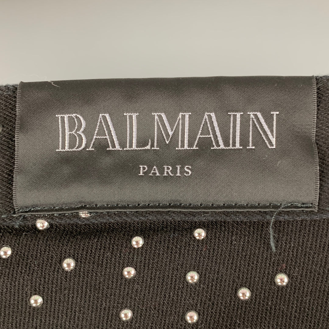 BALMAIN Size 30 Black Studded Cotton  Elastane Button Fly Jeans