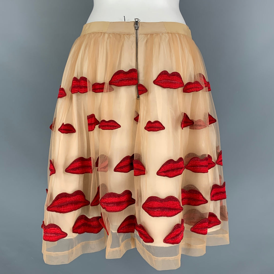 ALICE + OLIVIA Size 8 Beige Red Silk Embellishment Circle Skirt